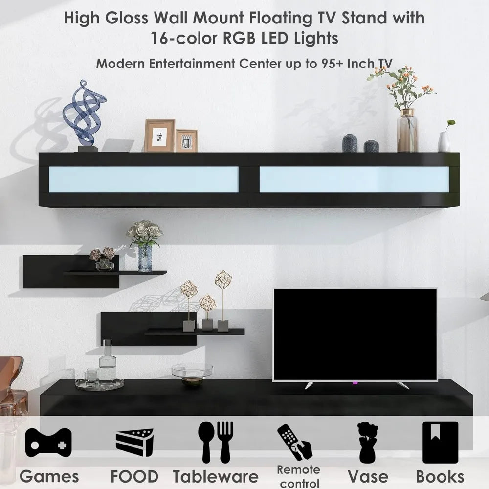 Wall Mount Floating TV Stand with Four Media Storage Cabinets and Two Shelves, 95+ Inch Television, 16-Color RGB LED Lights