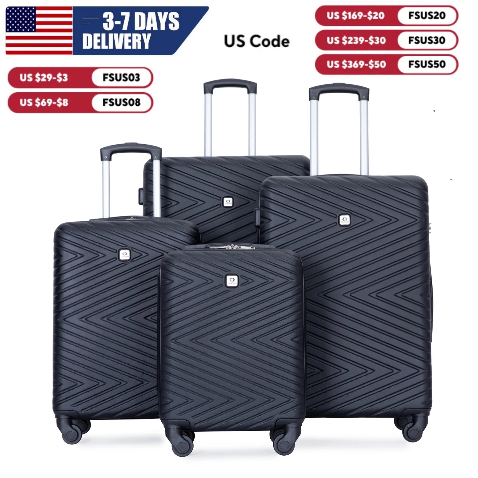 Travelhouse Luggage set 4-Piece ABS Suitcase With Spinner Wheels,24 Inch and 28 Inch with TSA Lock,16,20 inche Carry on Luggage