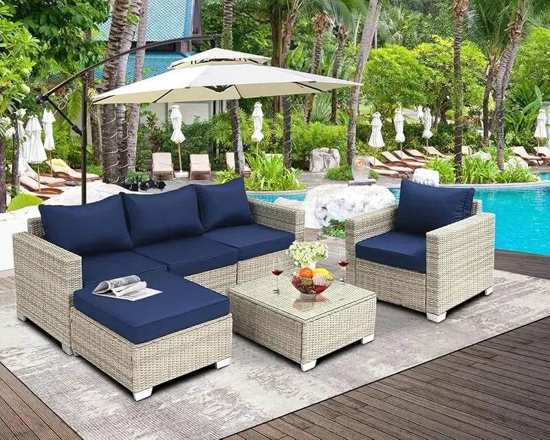 Q6 pieces set outdoor sectional wicker furniture patio couch with Ottoman for lawn, balcony, garden - MarvelouStoree