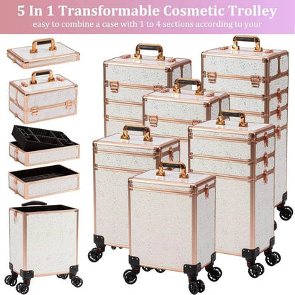 Rolling Makeup Train Case Large Storage Cosmetic Trolley 5 in 1 Large Capacity Trolley Makeup Travel Case with Key Swivel Wheels - MarvelouStoree