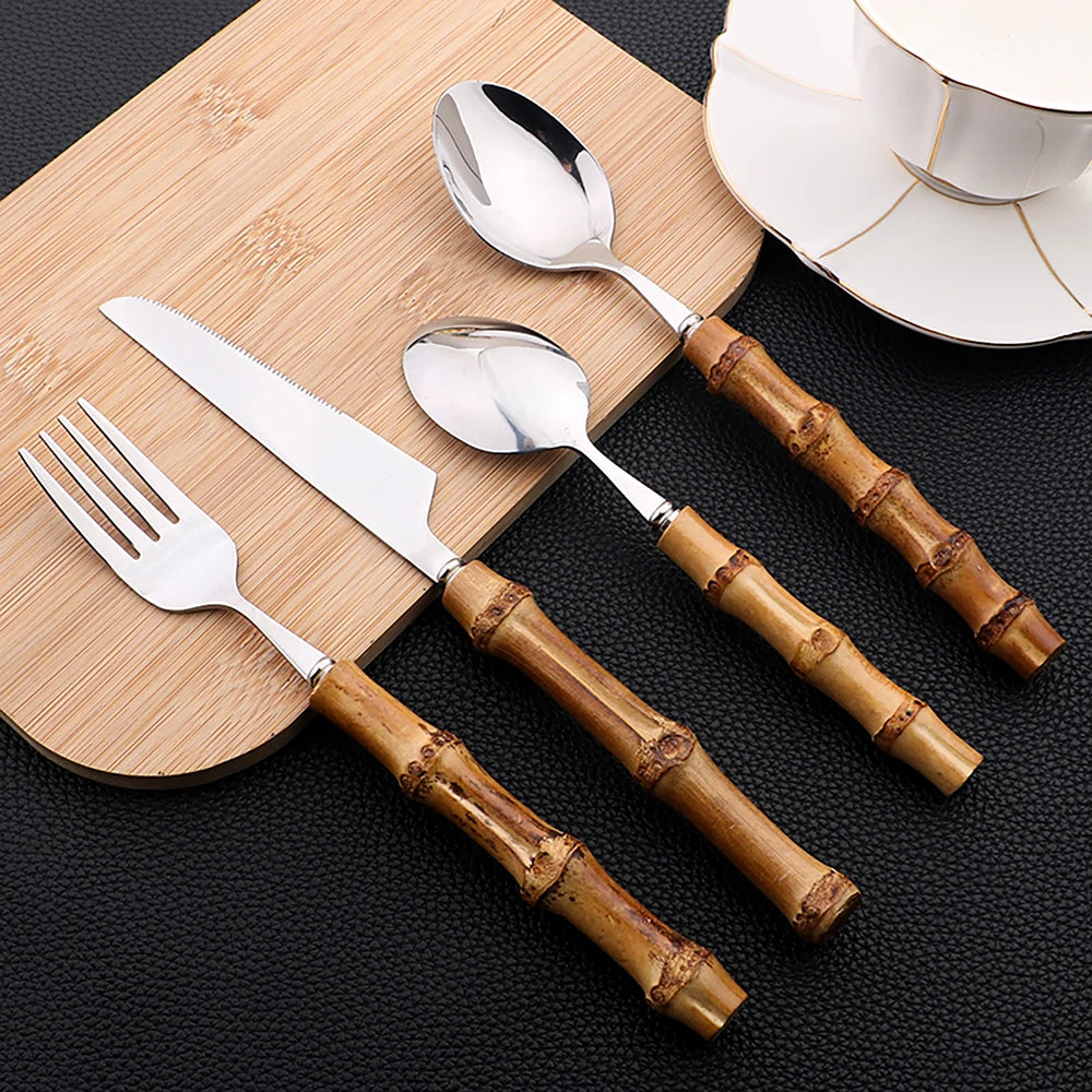 24Pcs Bamboo Tableware Sets Stainless Steel Bamboo Cutlery Set Purely Natural Handle Flatware Set Dinnerware Steak Knife Cutlery