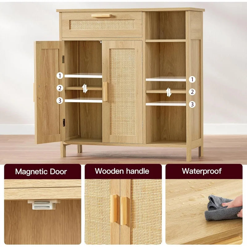 Rattan Cabinet Locker with Rattan Door with Drawers and Adjustable Shelves Living Room Floor Cabinet Entrance Channel Natural