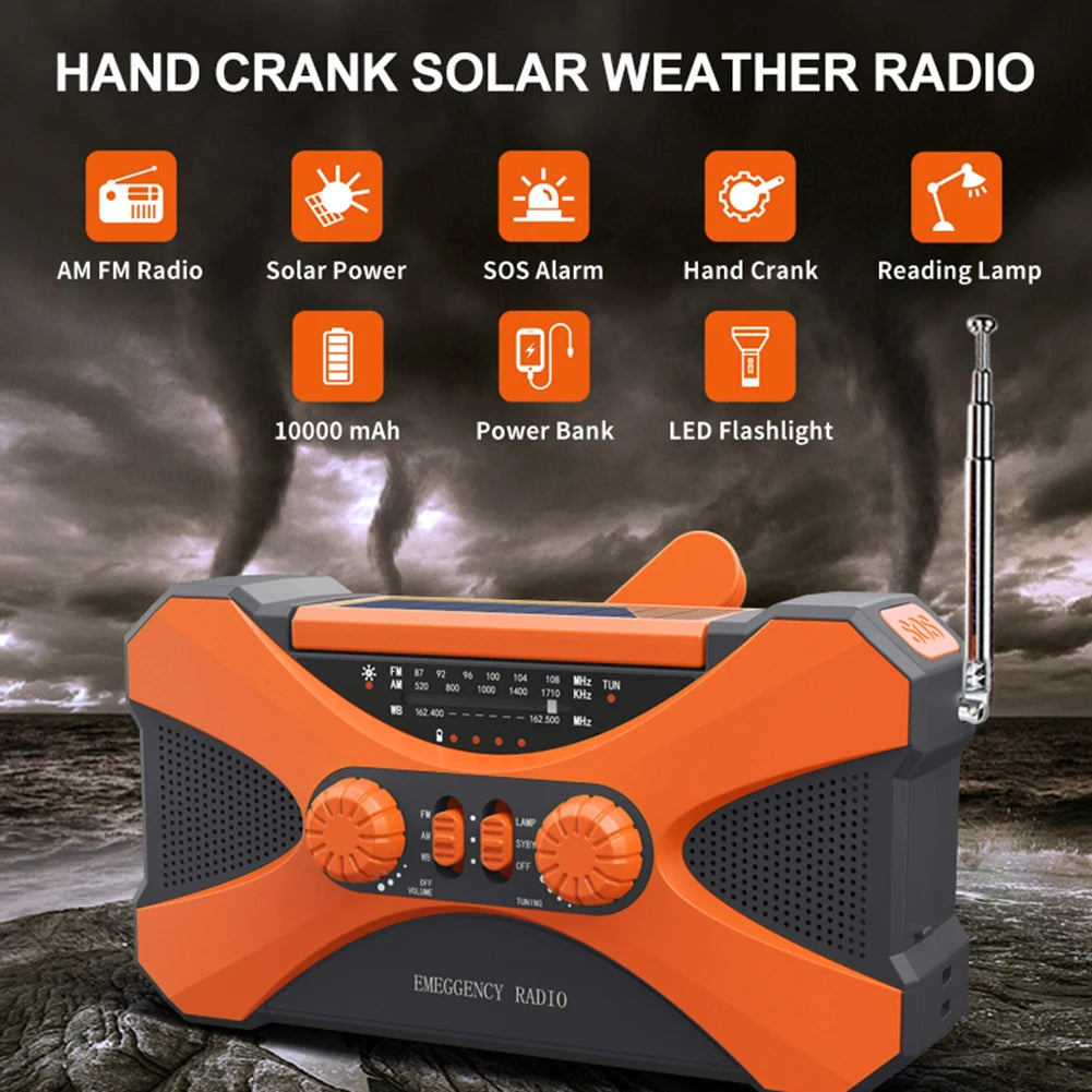 Emergency Flashlight Torch 10000mAh Power Bank Multifunctional Radio Hand Crank Solar USB Charging FM AM WB NOAA Weather Radio