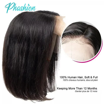 Phashion 4x4 Glueless Straight Short Bob Wigs With Natural Hairline 180% For Black Women 100% Remy Human Hair Blunt Cut On Sale