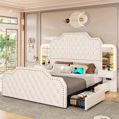 Queen Size 53” Tall Platform Bed Frame With 4 Storage Drawers Built in Charging Station & LED Bedroom Black Headboards Under Bed - MarvelouStoree