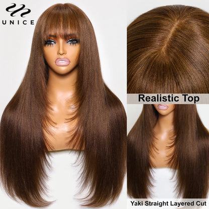 Unice Yaki Straight 4x2 Lace Wig #4 Brown Color Human Hair Wig With Bangs Layered Cut Glueless Wigs Human Hair Ready To Wear