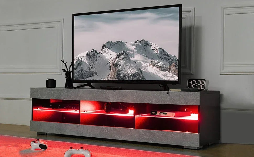 LED TV Stand for 65 inch TV Grey Black TV Stand with Led Lights Modern TV Entertainment Center with Glass Shelves TV