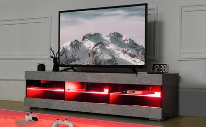 LED TV Stand for 65 inch TV Grey Black TV Stand with Led Lights Modern TV Entertainment Center with Glass Shelves TV