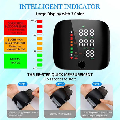 Wrist Type Blood Pressure Monitor LED Display Fast Measurement Digital Tensiometer BP Tonometer Heart Rate USB Rechargeable