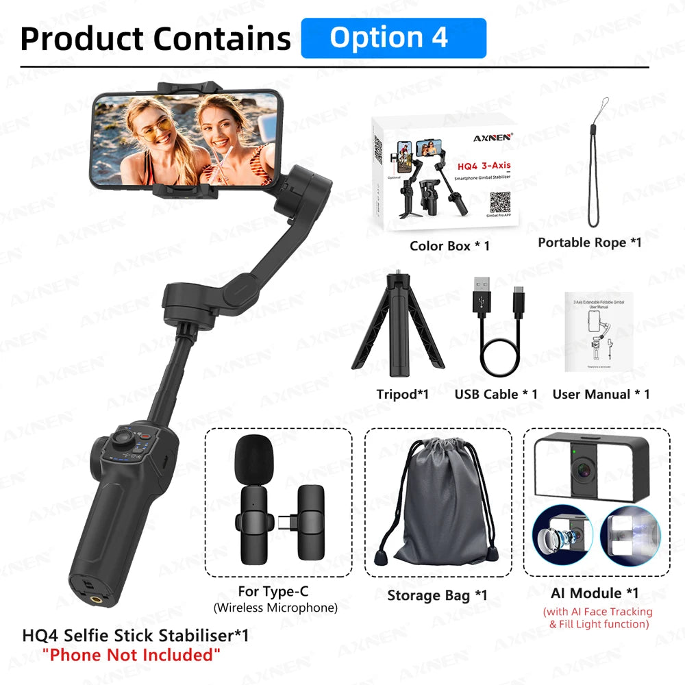 AXNEN HQ4 Smartphone Stabilizer Built-in Selfie Stick, Handheld 3-Axis Phone Gimbal for iPhone Pro Max Android Mobile CellPhone