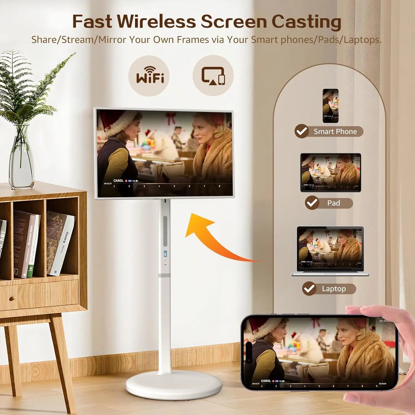 32" Portable TV screen 1080P Touch Screen Monitor on Wheels, Android OS 13 Built-in Battery, Detachable Camera HDMI,