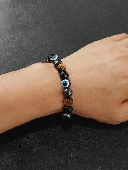 OAIITE 8mm New Turkish Evil Eye Bracelet for Women Charm Tiger Eye Stone Bracelet for Men Hematite Healing Health Care Jewelry