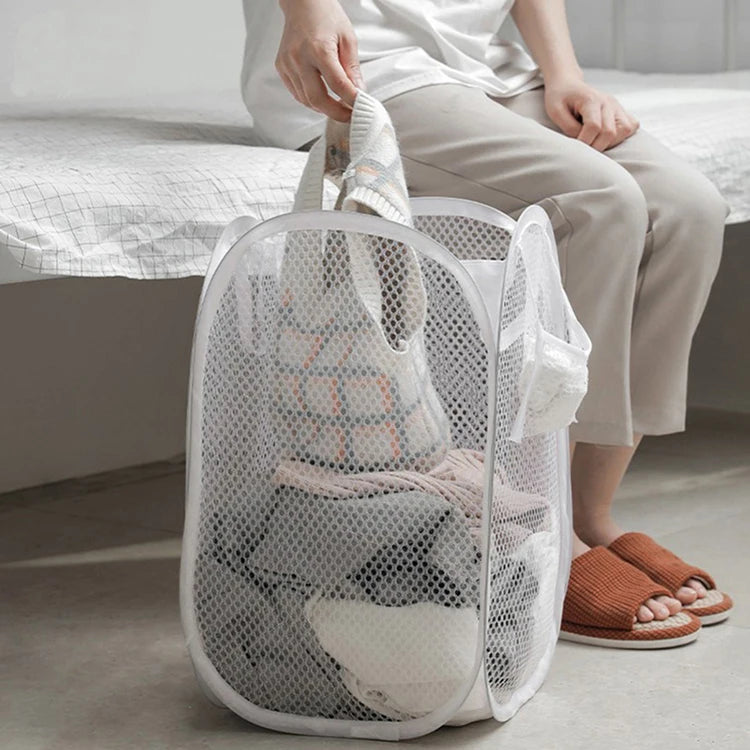 Portable Mesh Pop Up Laundry Hamper Wide Opening Breathable Collapsible Space-Saving Laundry Basket Dorm Travel Bathroom Items