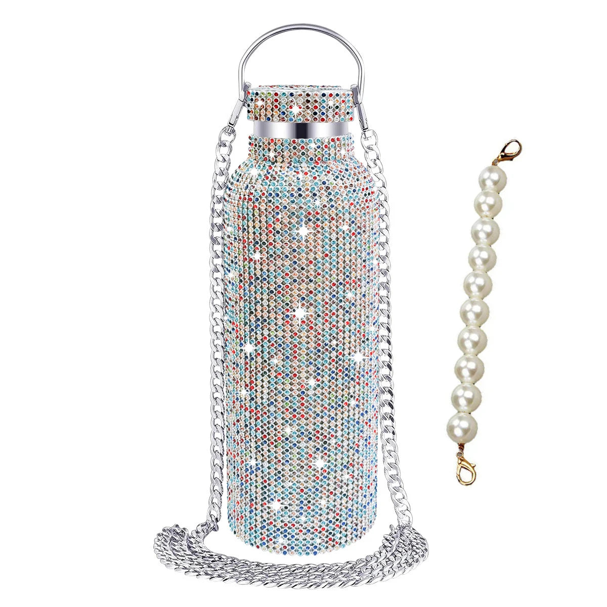 500/750/1000ml Diamond Thermos Bottle With 2pcs Chain Portable Rhinestone Water Bottle Double Wall Stainless Steel Thermal Flask