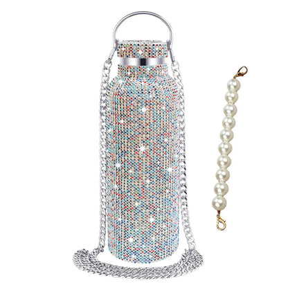 500/750/1000ml Diamond Thermos Bottle With 2pcs Chain Portable Rhinestone Water Bottle Double Wall Stainless Steel Thermal Flask