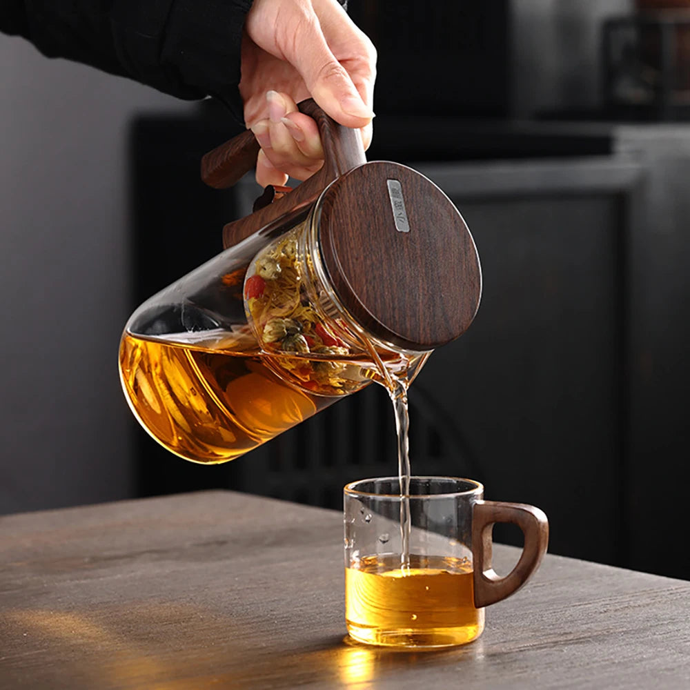 520ML/720ML Glass Teapot Water Separation Inner Container One Click Magnetic Switch Tea Filtration Tea Pot Wood Handle Cup Set