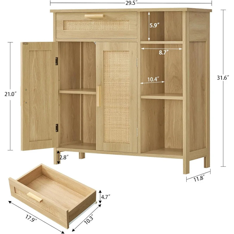 Rattan Cabinet Locker with Rattan Door with Drawers and Adjustable Shelves Living Room Floor Cabinet Entrance Channel Natural