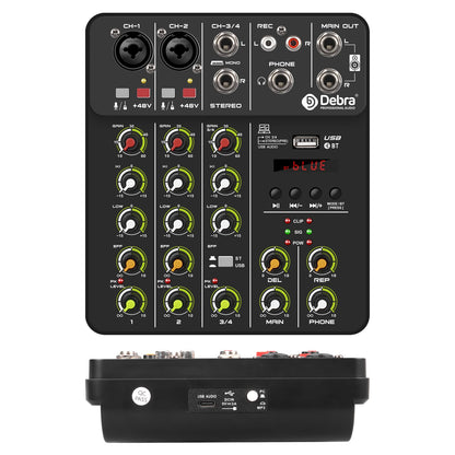 V4 Audio Interface Mixer with Bluetooth USB Recording Computer 48V Phantom Power Delay Replay Effects, 4-Channel Audio Mixer