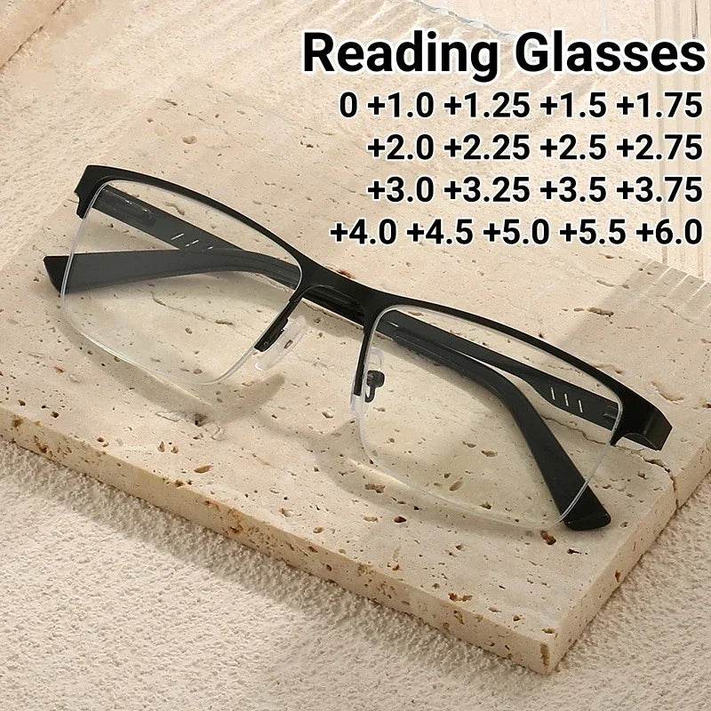 Men Square Metal Large Half Frame Reading Spring Leg Elderly Presbyopia Glasses Blue Light Blocking Eye Protection Eyeglasses - MarvelouStoree