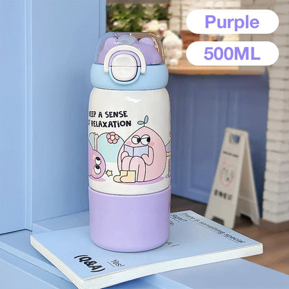 500ML Cartoon Kids Thermos Bottle Cute Children's Thermal Water Bottle 316 Stainless Steel Thermos Mug For Outdoor Water Cup ﻿