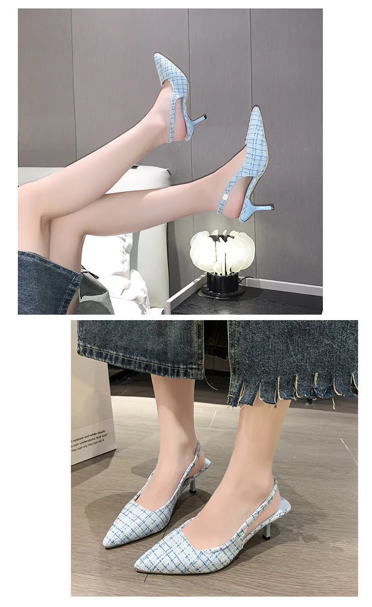 Sea Salt Blue Pointed High Heel Sandals for Women Back Hollow Half Headed Single Shoes Fashion Versatile Casual Shoes