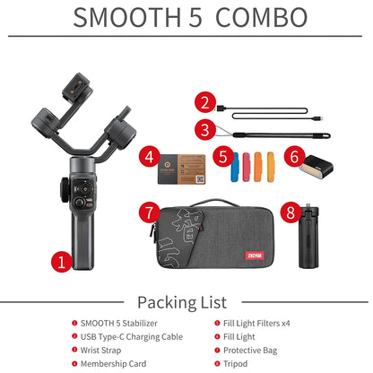 Zhiyun Smooth 5 Smartphone 3-axis Handheld Stabilizer Gimbal Covered with Grip Tripod for iPhone / Samsung / Huawei /Xiaomi