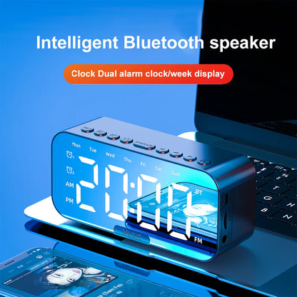 Wireless Bluetooth Speaker with FM Radio Mini Portable Mirror Dual Alarm Clocks LED Music Player Desktop Alarm Clock Speaker