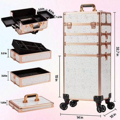 Rolling Makeup Train Case Large Storage Cosmetic Trolley 5 in 1 Large Capacity Trolley Makeup Travel Case with Key Swivel Wheels - MarvelouStoree