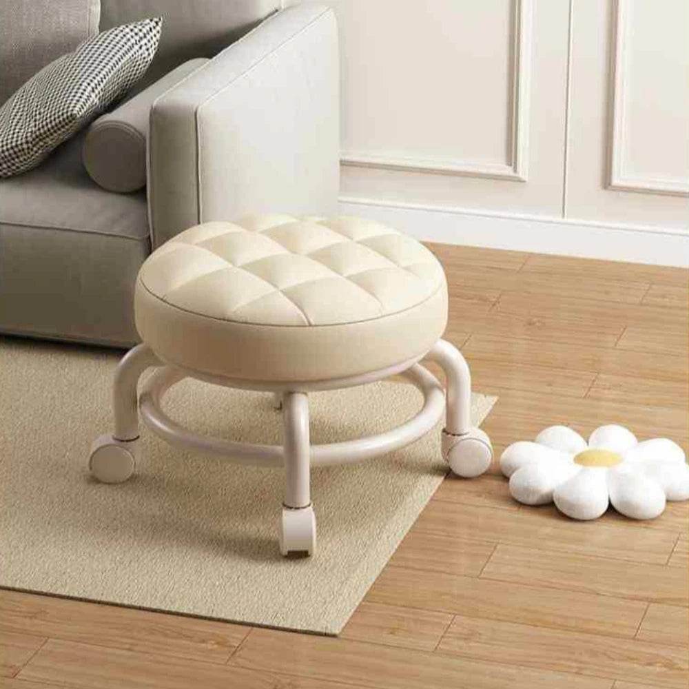 Low Stool with Wheels Waterproof Durable Leather Fabric Portable Small Round Stool Thickening Seat Cushion Simple Soft Stool - MarvelouStoree