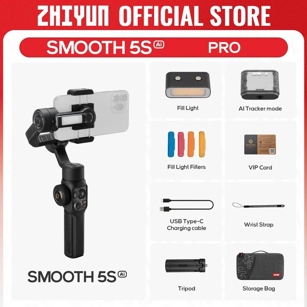 ZHIYUN Official SMOOTH 5S AI Handheld Stabilizer Gimbal 3-Axis Gimbals Fill Light Phone Stabilizer for iphone 13 pro max Samsung