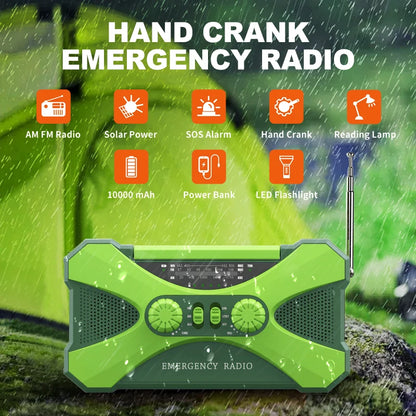 Emergency Flashlight Torch 10000mAh Power Bank Rechargeable Radio Hand Crank Solar USB AM/FM/NOAA Weather Radios Home Outdoors