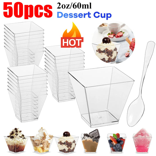 50/100pcs 60ML Disposable Plastic Dessert Cups Reusable Clear Ladder Shaped Cup Appetizers Cake Ice Cream Cup for Party Wedding