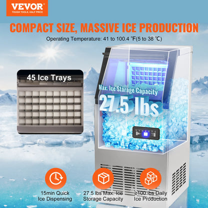 VEVOR Commercial Ice Maker 100lbs/24H Ice Maker Machine 45 Ice Cubes in 12-15 Minutes Freestanding Cabinet Ice Maker LED Display