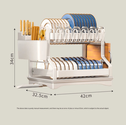 2 Tier Kitchen Dish Bowl Drainer with Drain Basket Dish Chopsticks Knife Water Cup Storage Rack Countertop Dinnerware Organizer