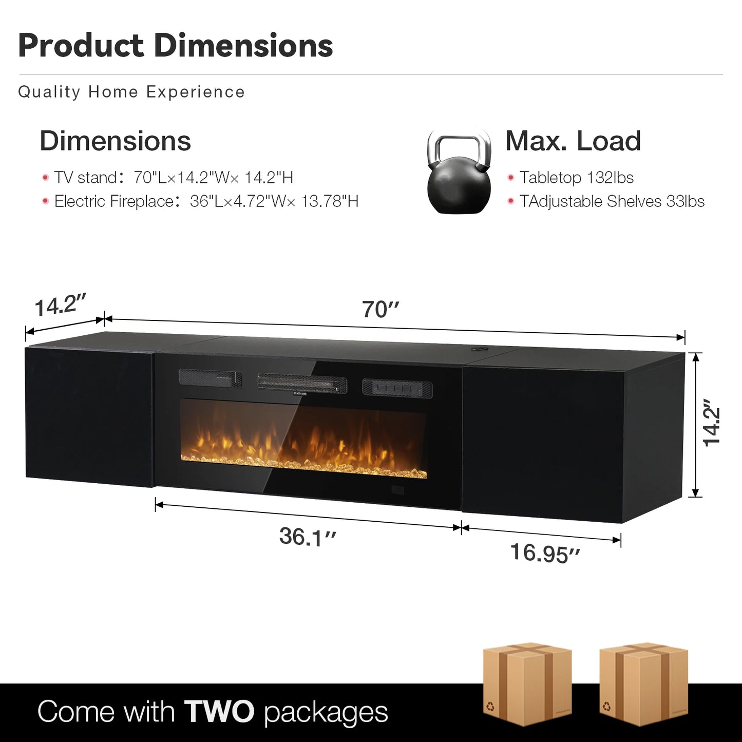 Floating TV Stand with 36" Electric Fireplace,Wall Mounted Fireplace Entertainment Center,70" TV Console with Fireplace