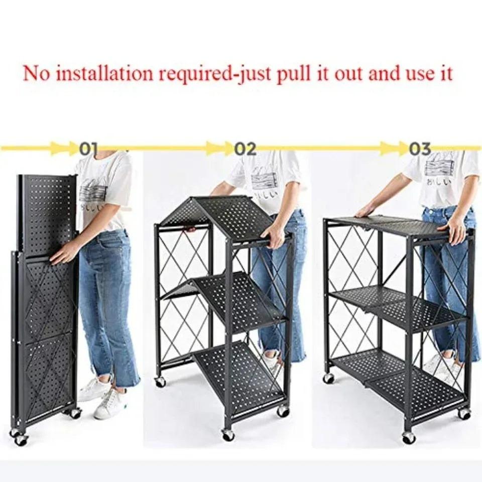 One-Second Foldable Storage Racks Folding Kitchen Organizer Shelf Standing Multi-Layer Storage Rack Movable Organizing Shelves