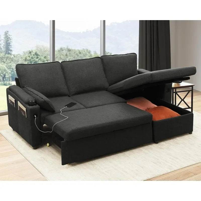 DURASPACE Sofa Bed Pull Out Couch Sleeper with Storage Chaise, with USB Charging Ports, Cup Holder - MarvelouStoree