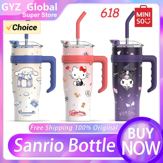 1200ml Sanrio Thermos Bottle Cold Ice Cute Hello Kitty Kuromi Cinnamoroll Melody Stainless Steel Water Bottle Tumbler Straw Gift