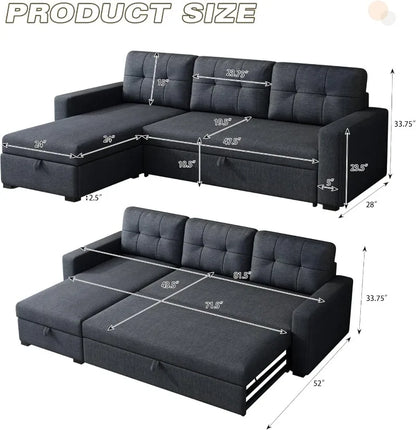 81.5" Sectional Sleeper Sofa with Storage Chaise, L Shaped Pull Out Couch Bed with 3 Removable Back Cushion for Living Room,Apar