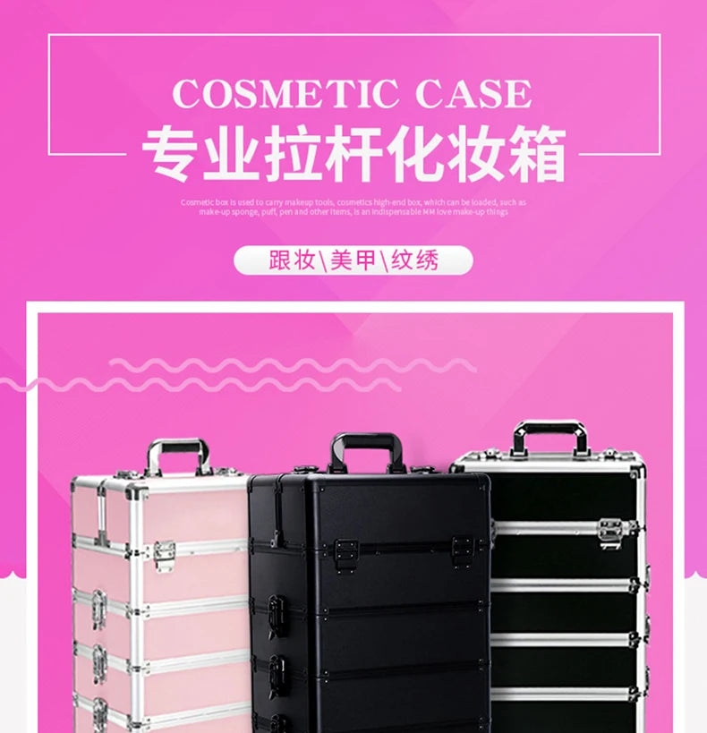 Professional 2/3/4 layers trolley makeup suitcase portable cosmetic trolley luggage box nail tattoo embroidery beauty toolbox