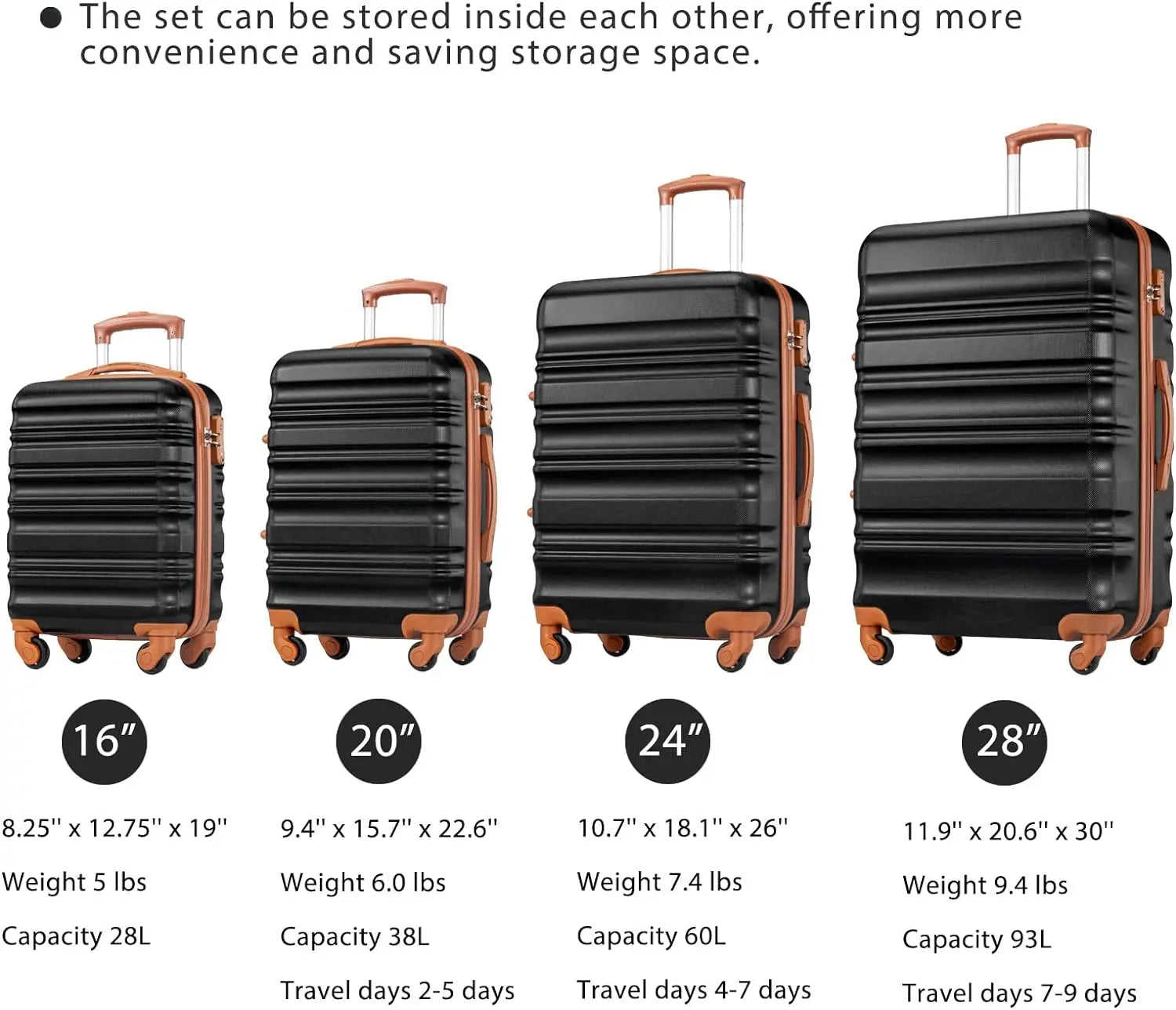 Luggage Set 4 Piece Luggage Set ABS hardshell TSA Lock Spinner Wheels Luggage Carry on Suitcase WHITE-BROWN, 6 piece set