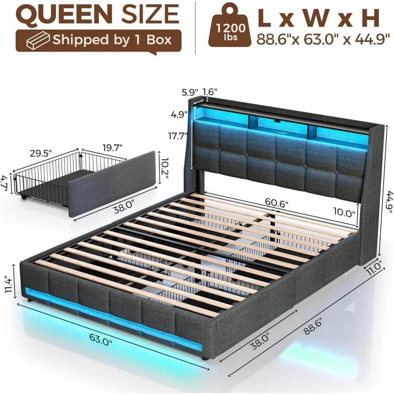 Rostar Queen Size Bed Frame with LED Lights and Charging Station,Upholstered Bed Storage Headboard & Drawers,Heavy Duty W - MarvelouStoree