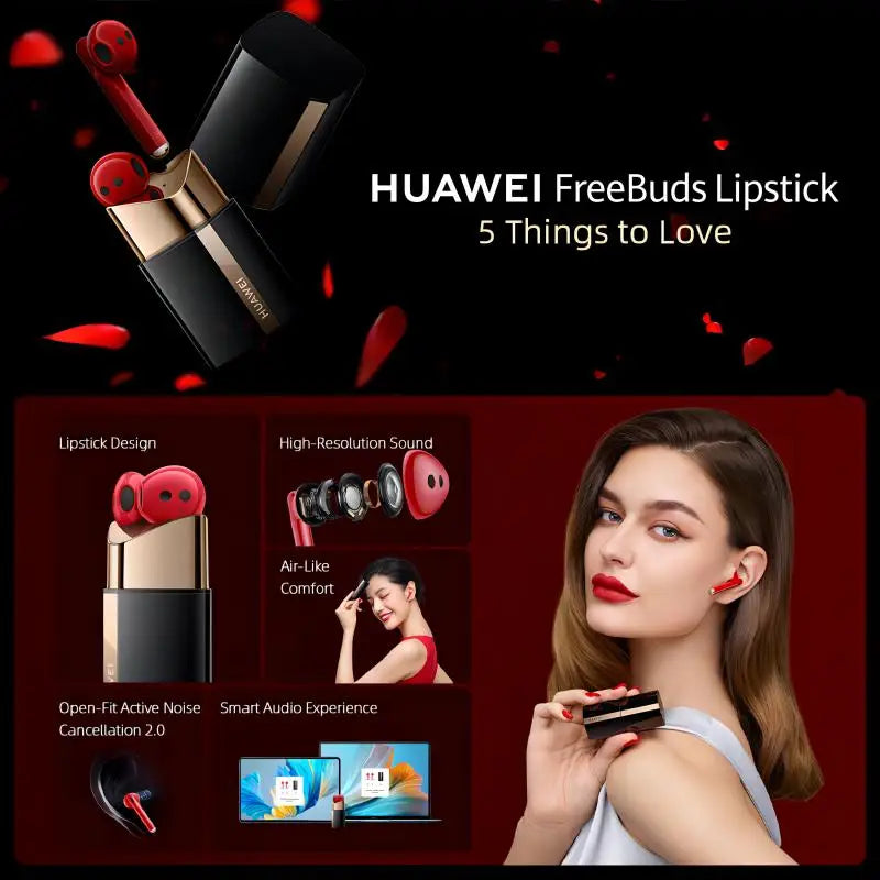 Huawei FreeBuds Lipstick Headphone Original High Resolution Sound Air-Like Comfort Open-Fit Active Noise Cancellation 2.0 Red