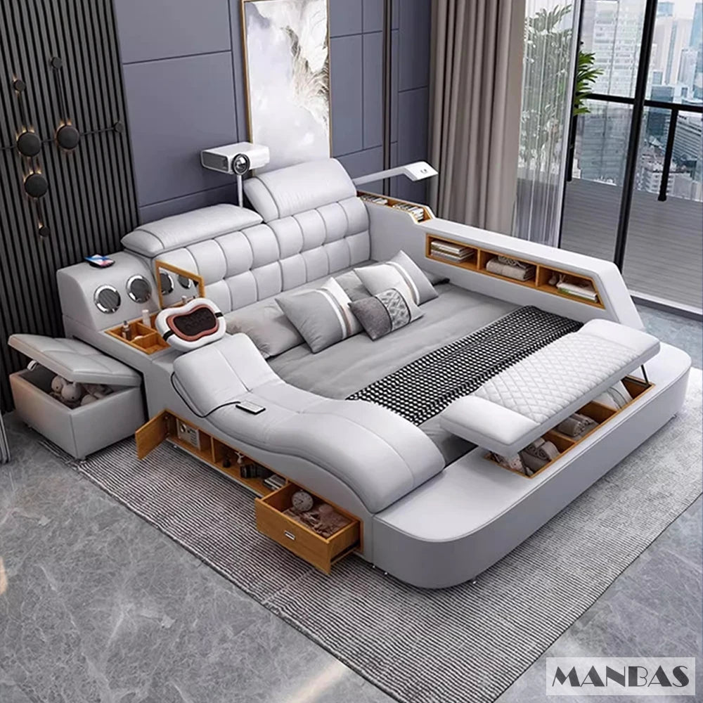 Linlamlim Luxury King Size Genuine Leather Bed / Tech Smart Bed / Multifunctional Ultimate Beds / Massage Bed with USB,Projecter