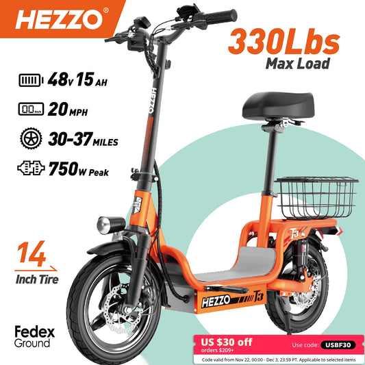 HEZZO Electric Scooter w/ Seat & Basket 48V 15Ah 500W Powerful Motor Foldable E-Scooter Ample Storage Up to 20Mph 25Miles Range