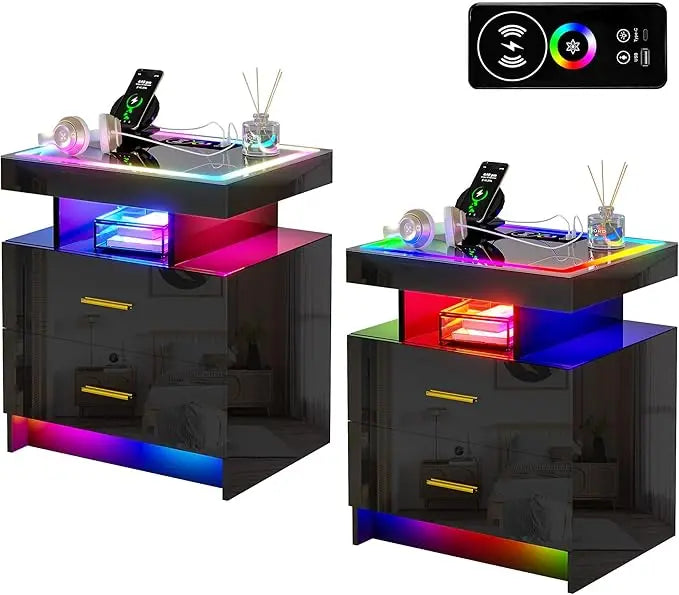 LED Nightstand Set of 2, Modern Bedside Table, Wireless Charging Station, USB Ports, High Gloss Smart Night Stand, RGB