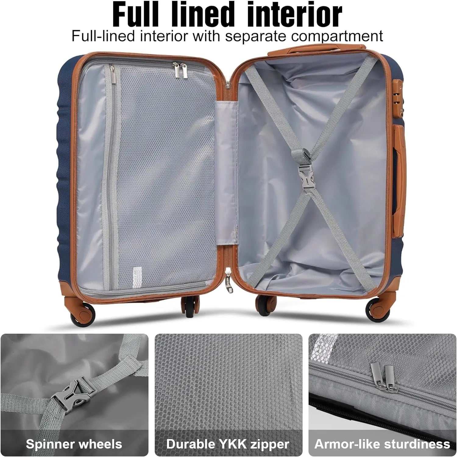 Luggage Set 4 Piece Luggage Set ABS hardshell TSA Lock Spinner Wheels Luggage Carry on Suitcase WHITE-BROWN, 6 piece set