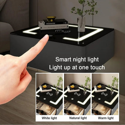 Floating Smart Nightstand,Nightstand with Charging Station and Adjustable LED,Bedside Table with Human Body Sensor Light