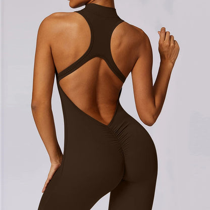 Backless Jumpsuits Zipper Sports Bodysuits Women Yoga Sets Sportswear Fitness Overalls One Piece Suit Workout Playsuit Female