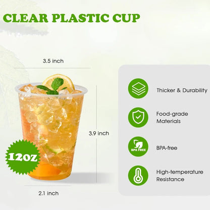 12 Oz Clear Plastic Cups, Cold Party Drinking Cups, Disposable Plastic Cups for Parties, Picnic, BBQ, Travel, & Events